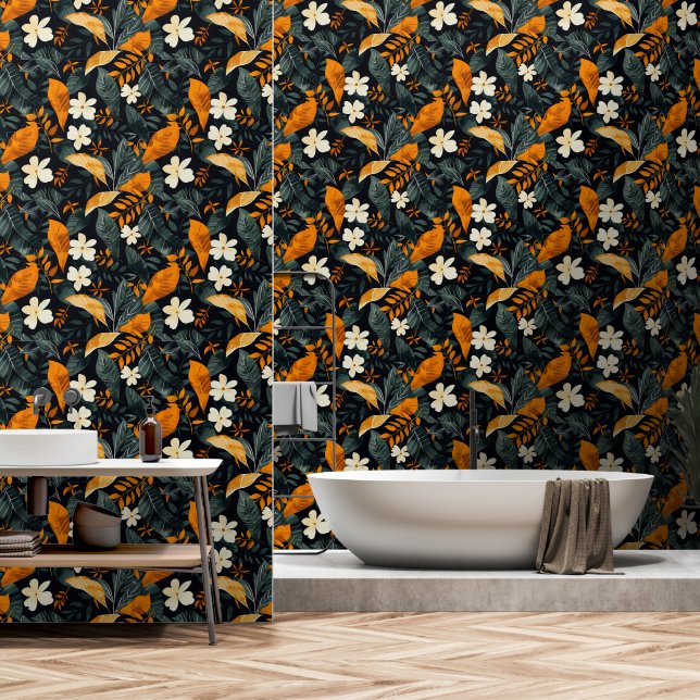 Tropical Leaves and Flowers Green and Brown Wallpaper (Bathroom)