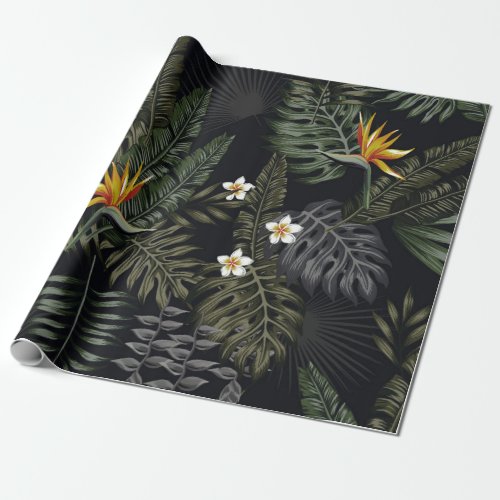 Tropical leaves and flowers in the night style Se Wrapping Paper