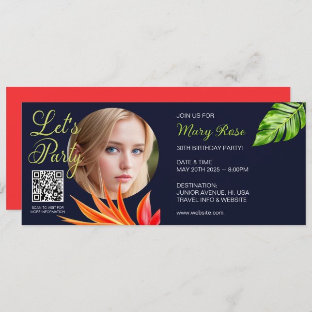 Tropical Leaves and Flowers Invitation (Front/Back)