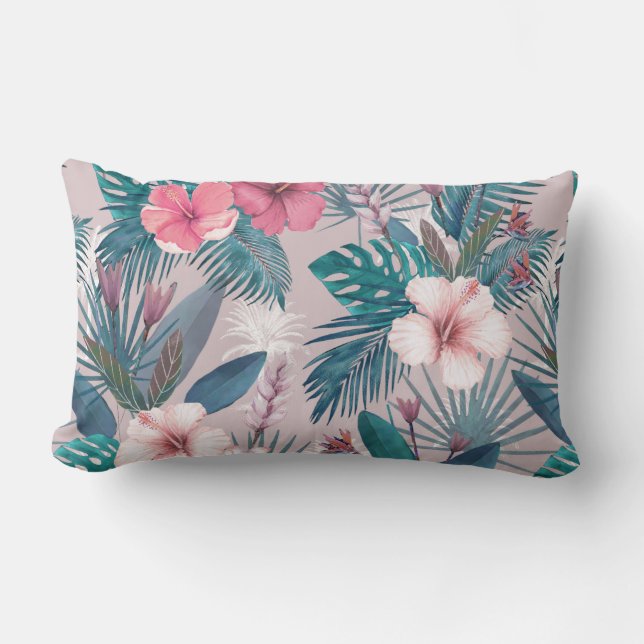 Tropical Leaves and Flowers Lumbar Pillow (Front)