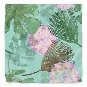 Tropical leaves and flowers on turquoise. bandana
