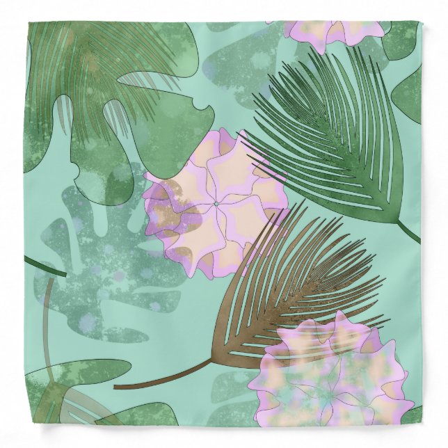 Tropical leaves and flowers on turquoise. bandana (Front)