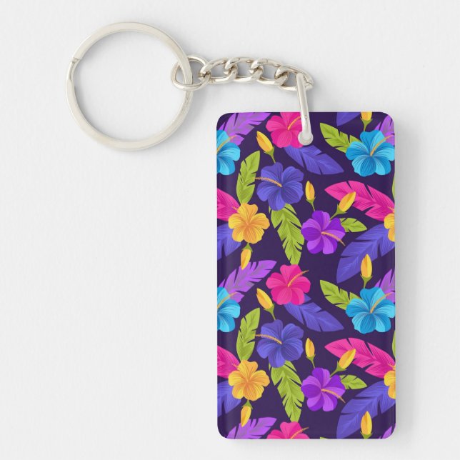 Tropical Leaves and Flowers Pattern-23857 Keychain (Front)