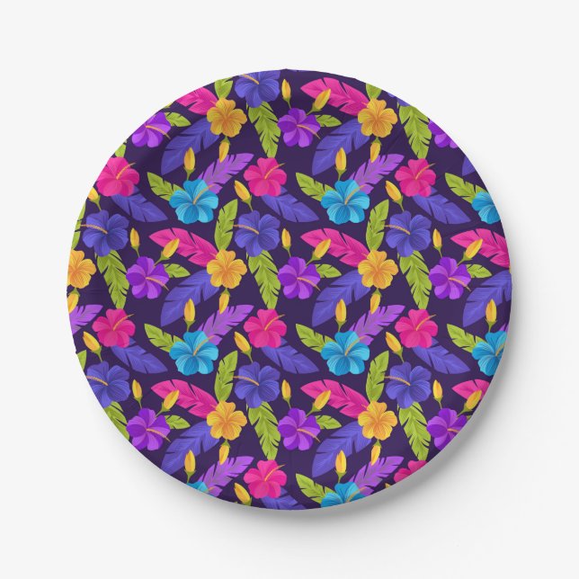 Tropical Leaves and Flowers Pattern-23857 Paper Plates (Front)