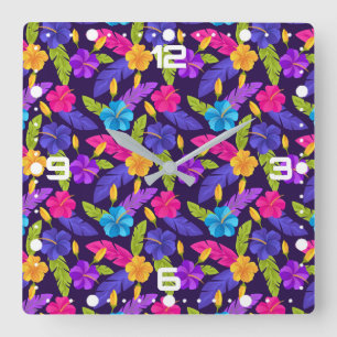 Tropical Leaves and Flowers Pattern-23857 Square Wall Clock