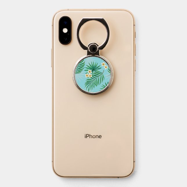 Tropical leaves and flowers phone ring stand (On Phone)