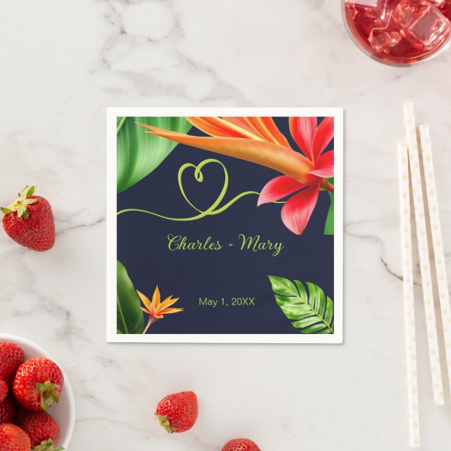 Tropical Leaves and Flowers Retro Wedding Napkins (Insitu)