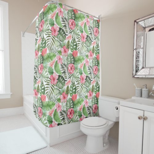 Tropical Leaves and Flowers Shower Curtain
