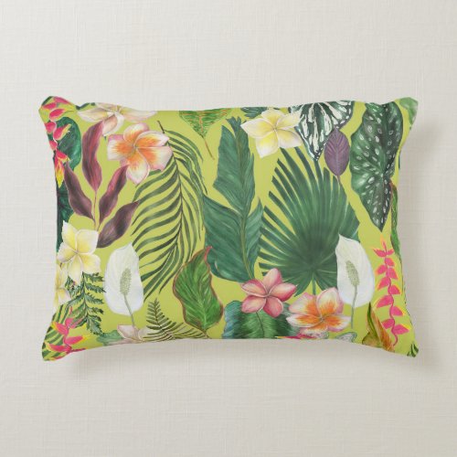 Tropical leaves and flowers watercolor pattern accent pillow
