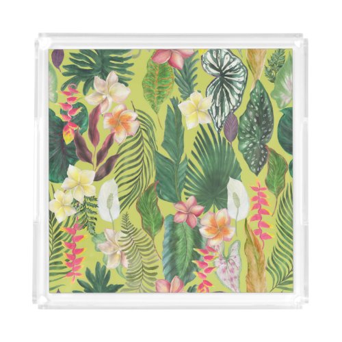 Tropical leaves and flowers watercolor pattern acrylic tray