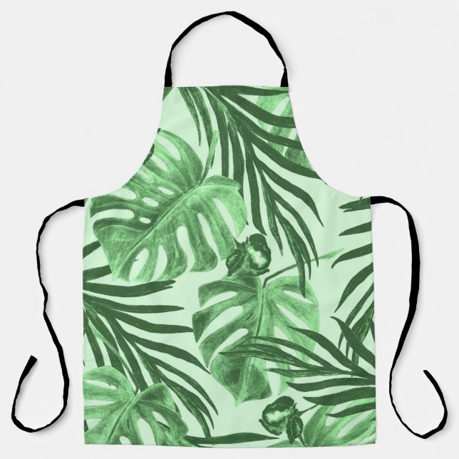 Tropical leaves and flowers, watercolor pattern. apron (Front)