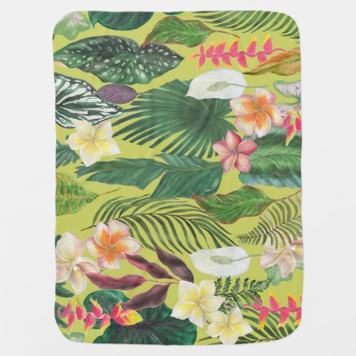 Tropical leaves and flowers watercolor pattern baby blanket