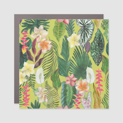 Tropical leaves and flowers watercolor pattern car magnet