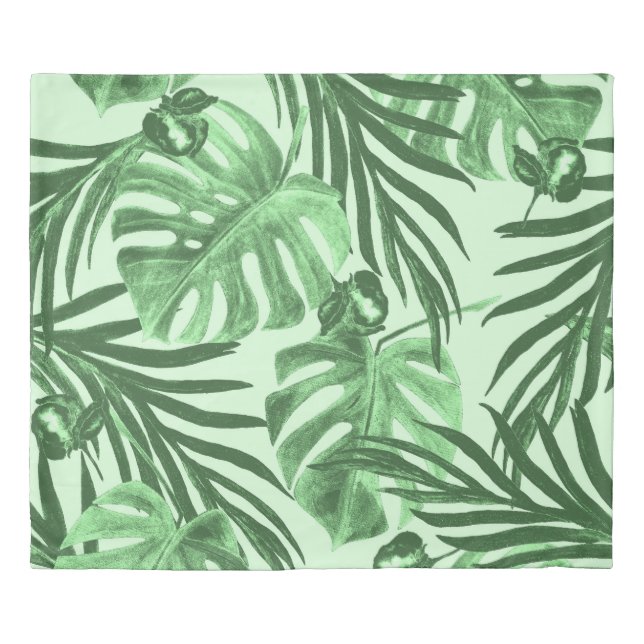Tropical leaves and flowers, watercolor pattern. duvet cover (Front)