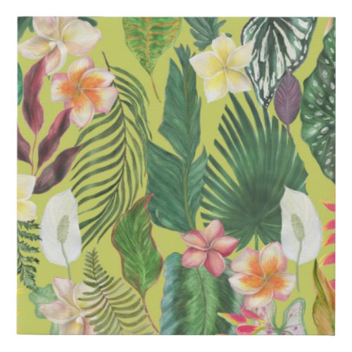 Tropical leaves and flowers watercolor pattern faux canvas print