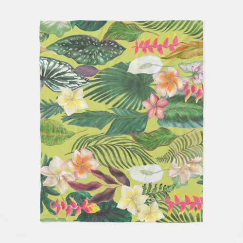 Tropical leaves and flowers watercolor pattern fleece blanket