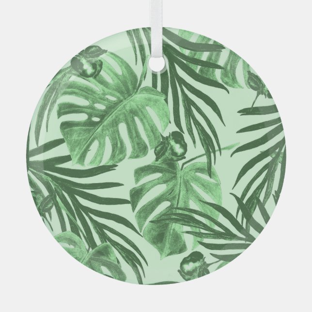 Tropical leaves and flowers, watercolor pattern. glass ornament (Front)