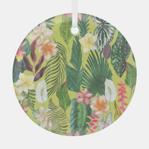 Tropical leaves and flowers watercolor pattern glass ornament