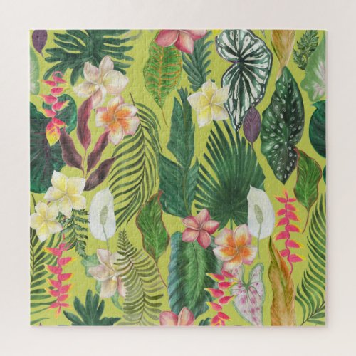 Tropical leaves and flowers watercolor pattern jigsaw puzzle