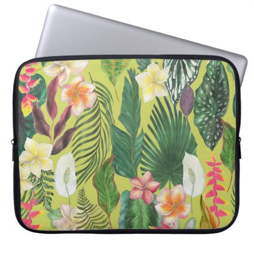 Tropical leaves and flowers watercolor pattern laptop sleeve