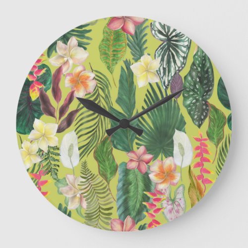 Tropical leaves and flowers watercolor pattern large clock