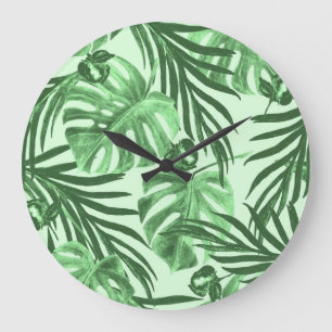 Tropical leaves and flowers, watercolor pattern. large clock