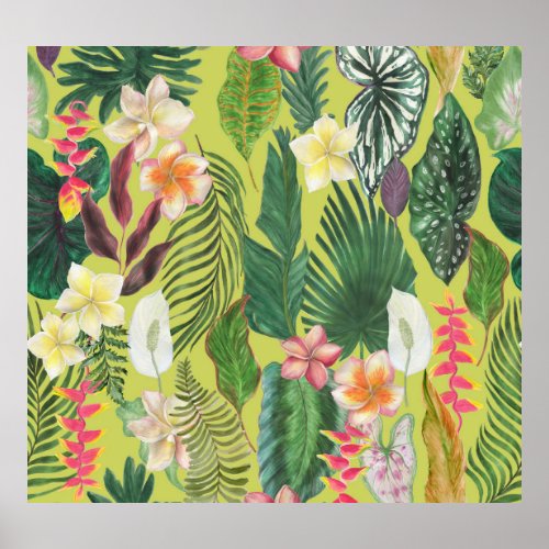 Tropical leaves and flowers watercolor pattern poster