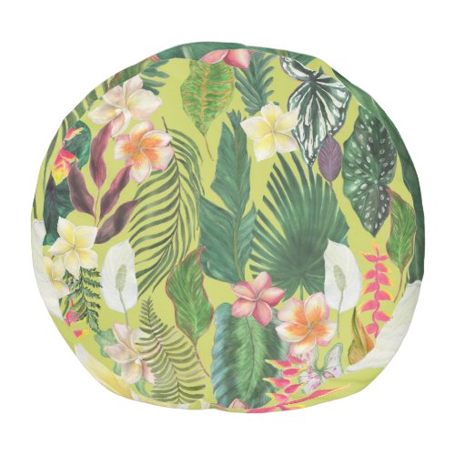Tropical leaves and flowers watercolor pattern pouf
