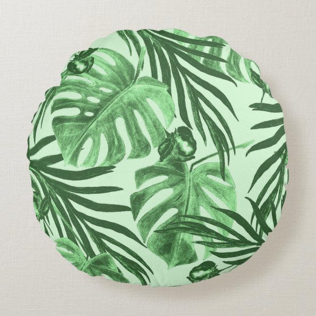 Tropical leaves and flowers, watercolor pattern. round pillow (Front)