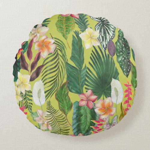 Tropical leaves and flowers watercolor pattern round pillow