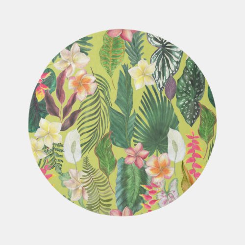 Tropical leaves and flowers watercolor pattern rug