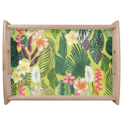 Tropical leaves and flowers watercolor pattern serving tray