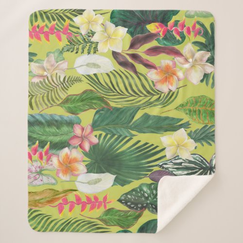 Tropical leaves and flowers watercolor pattern sherpa blanket