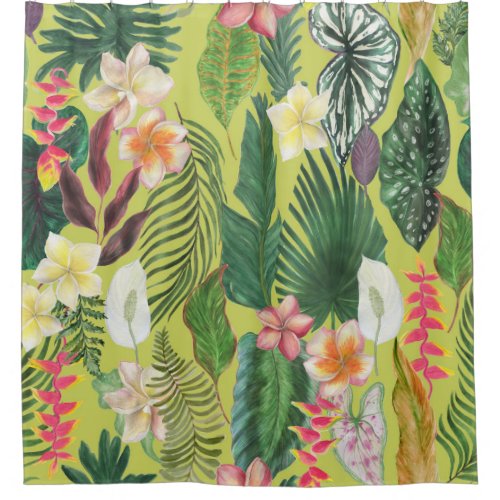 Tropical leaves and flowers watercolor pattern shower curtain