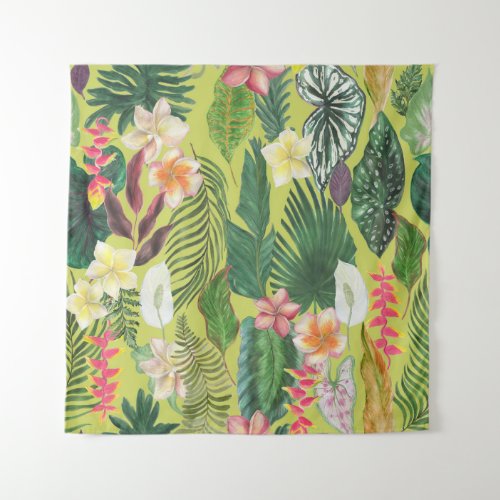 Tropical leaves and flowers watercolor pattern tapestry