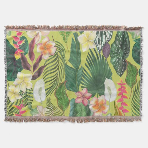 Tropical leaves and flowers watercolor pattern throw blanket