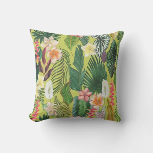 Tropical leaves and flowers watercolor pattern throw pillow