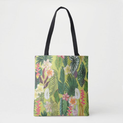 Tropical leaves and flowers watercolor pattern tote bag