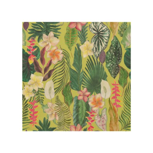 Tropical leaves and flowers watercolor pattern wood wall art