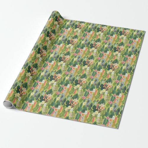 Tropical leaves and flowers watercolor pattern wrapping paper