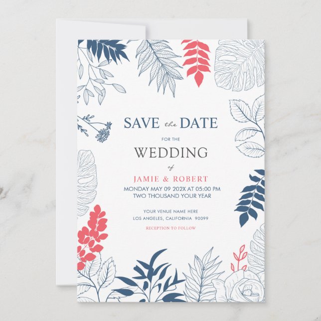 Tropical leaves and flowers wedding frame invitation (Front)