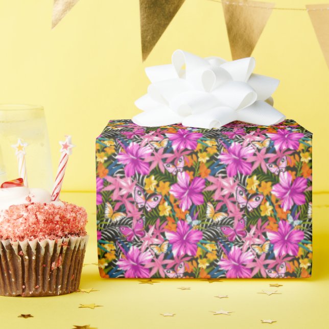 Tropical Leaves and Flowers Wrapping Paper (Birthday Party)