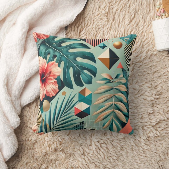 Tropical Leaves and Geometric Pattern Throw Pillow (Blanket)