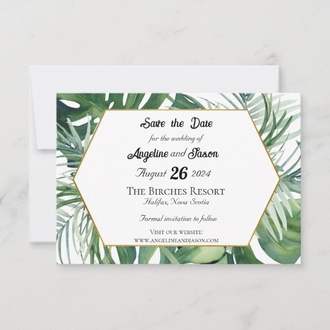 Tropical Leaves and Greenery Wedding Save the Date (Front)
