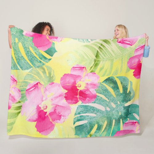 Tropical Leaves and Hibiscus Flowers Watercolor Fleece Blanket