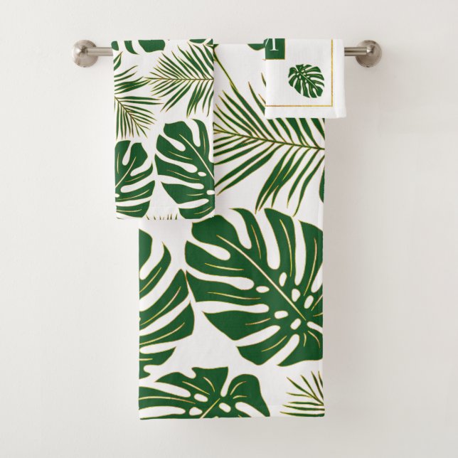 Tropical leaves and monogram green, gold bath towel set (Insitu)