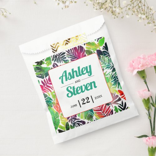 Tropical leaves and names maximalist wedding favor bag