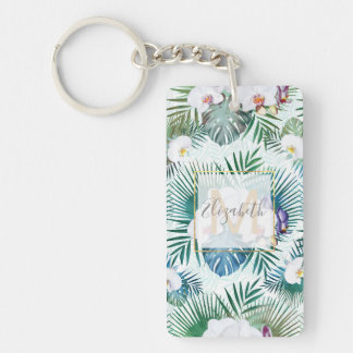 Tropical leaves and orchid flowers design keychain