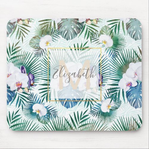 Tropical leaves and orchid flowers design mouse pad