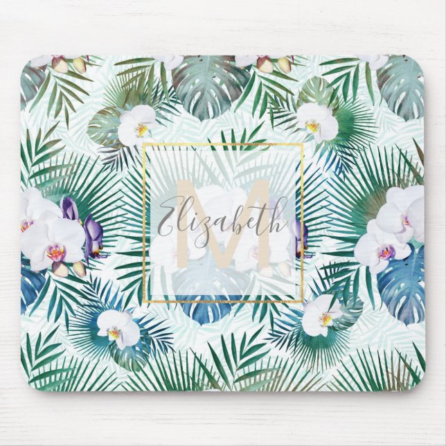 Tropical leaves and orchid flowers design mouse pad (Front)